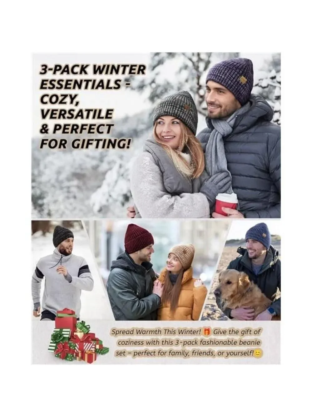 3 Pack Winter Hats Beanie for Men Women Warm Fleece Lined Knit Hat Cold Weather